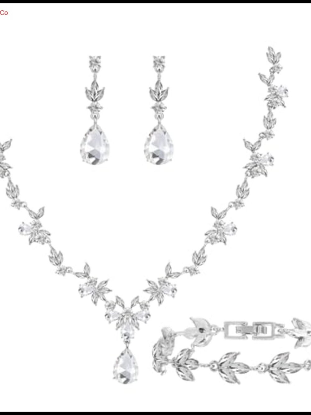 Silver Plated Crystal Floral Jewelry Set Necklace Earrings Bracelet Wedding